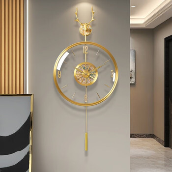 Qutong modern light luxury high-end atmosphere 2026 wall clock living room new high-end luxury clock simple wall hanging brass deer head transparent wall clock