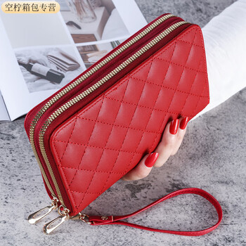 Ye yu 2025 new touch screen wallet women's long double zipper clutch fashion large capacity soft wallet mobile phone bag red