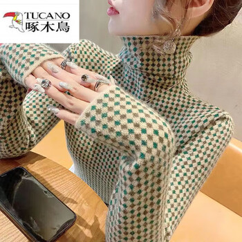 Woodpecker (tucano) high collar women's german velvet all-in-one velvet bottoming shirt, fashionable and stylish 2025 new autumn and winter thickened women's inner wear, green small square m, recommended within 100 pounds