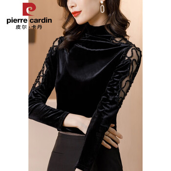 Pierre cardin half turtleneck bottoming shirt for women, spring and autumn new black with gold velvet long-sleeved top, fashionable lace shirt 1306 black-long sleeve m