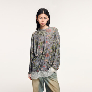 Uooyaa/wuya 2025 winter new style magic garden lace splicing long-sleeved t-shirt printing l