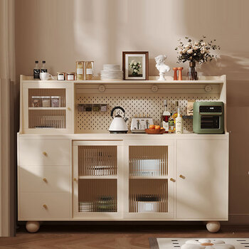 Four-bedroom house solid wood sideboard integrated wall storage cabinet coffee cabinet cabinet living room wine cabinet multi-functional tea cabinet storage cabinet cream white length 160*width 40*height 132cm power track