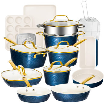 Gotham steel 20 piece hammered kitchen cookware set cream/navy/gold 20 piece cookware set