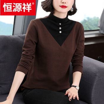 Hengyuanxiang pure cotton thin/fleet bottoming shirt women's autumn and winter middle-aged mother's wear thickened warm top women's long sleeve brown no velvet xl recommended 115-130 catties