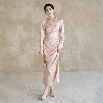 Chuchan clothing new chinese style national style pink jacquard cheongsam women's 2025 autumn side slit raglan sleeve slim elegant dress pink xl ready in stock