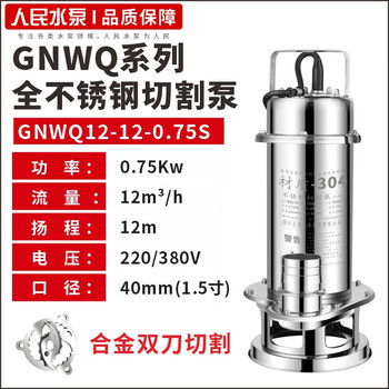 People's 304 stainless steel submersible pump 220v high lift corrosion-resistant shanghai water pumping and sewage cutting cutting type 750w 2 inches (12 square meters 12 meters lift) standard