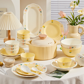 Jingxi bowl set cream style ceramic household 2025 new high-looking bowls and dishes household tableware complete set for moving to a new home two-color high temperature porcelain for 2 people 8-piece set tsubaki double combination cute cream style
