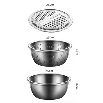 Yusenyi vegetable cutting basin multi-functional stainless steel food-grade grating plate potato slices vegetable carrot grater grater artifact food-grade stainless steel three-piece set (basin-leaky basin-grating plate)