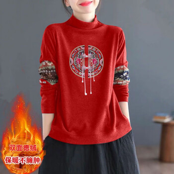 Hengyuanxiang double-sided german velvet new style plus velvet warm long-sleeved t-shirt half turtleneck loose retro ethnic style printing bottoming top red national style round printing xl