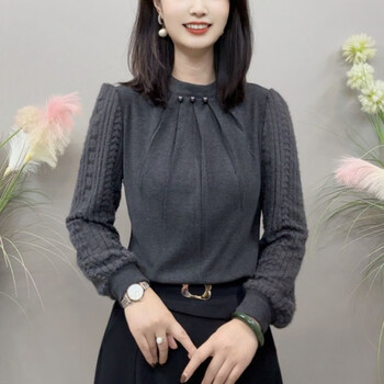 Hengyuanxiang 2025 autumn and winter new all-in-one velvet shirt thick pearl collar long-sleeved temperament versatile lace top women's bottoming shirt dark gray 2xl 120-130 catties