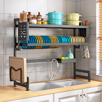 Kexiangtu kitchen sink storage rack drain rack countertop dish storage rack knife holder chopstick barrel sink storage rack black single layer - 55cm thickened carbon steel full accessories