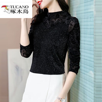 Woodpecker half-high collar mesh bright silk bottoming shirt women's lace top spring and autumn 2025 new spring style fashionable shirt black-black-thin m