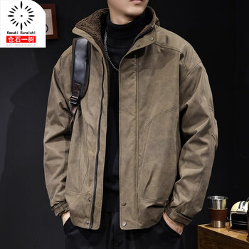 Kazuki cangshi lamb's wool jacket men's warm thickened work jacket trendy brand new casual american stand-collar cotton coat coffee color lamb's 2xl suitable for 160-180 catties