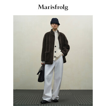 Marisfrolg 2025 winter new stand-up collar silhouette lambswool eco-friendly fur coat brown gray m