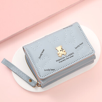 Donglai quality women's wallet short fashion embroidered love coin purse women's tri-fold card holder pu 06 bear light blue