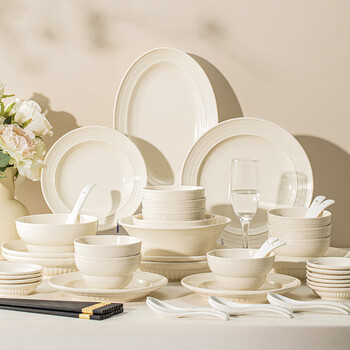 Mornenjoy underglaze color french cream style 2026 dish set household ceramic tableware set bowls and chopsticks high-looking housewarming wabi-sabi thread-milk white 10 people food 54 heads