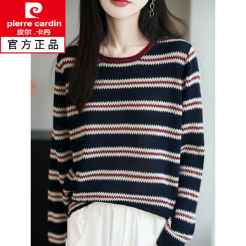Pierre cardin korean fashion retro round neck contrast striped loose sweater women's design sweater autumn and winter style top women's navy blue stripe m suitable for weight (85 catties-109 catties)