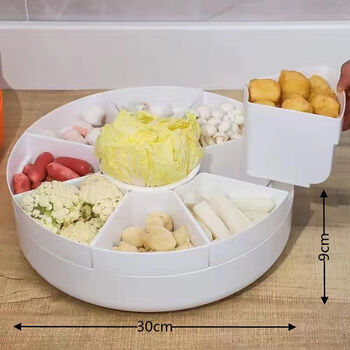Magic bean shenghuo divided grid rotating hot pot vegetable platter double-layered serving tray drain basket creative multi-functional dish preparation side dish home white - rotating extra large thickened 9-grid platter thickened