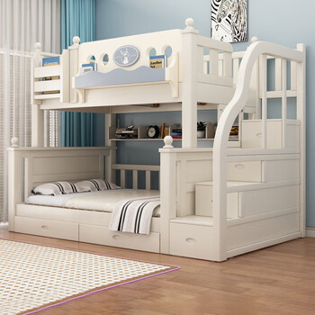 Solid wood double bed and bunk bed, two-story multi-functional bunk bed combination bed, high and low bed, bold and thickened children's bed, ladder, upper bed width 90cm, lower bed width 120cm (comes with bookshelf)