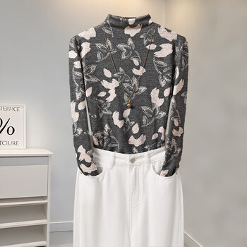 She pool contrasting color printed half turtleneck bottoming shirt for women 2025 autumn new retro temperament long-sleeved t-shirt