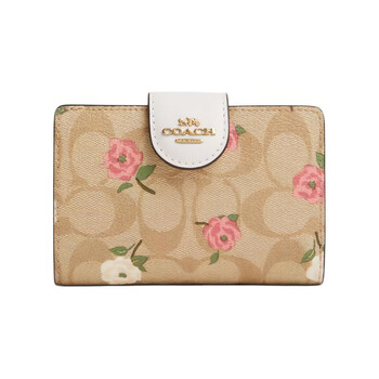 Coach corner zip 13 floral print logo leather wallet mini women's gold light card basic pack (bag + dust bag)