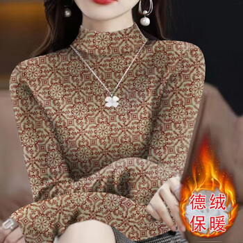 Yuzhilinde velvet bottoming shirt for women 2025 autumn and winter new style fashionable and versatile western style printed slim half turtleneck warm top for women b10 retro red xl recommended 115-130 catties