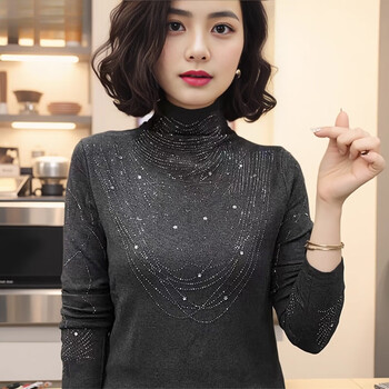 Summer shape autumn and winter new half turtle collar bottoming shirt women's western style hot diamond long sleeve t-shirt slim fit western style versatile top dark gray xl recommended 111-120 jin