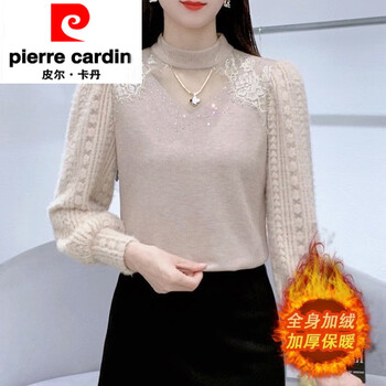 Pierre cardin half turtleneck hot diamond splicing plus velvet thickened lace bottoming shirt for women autumn and winter new long-sleeved knitted top a1004 brown warm plus velvet l 85-100 pounds