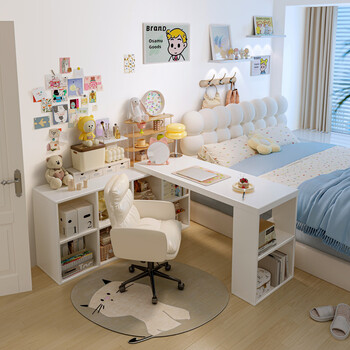 Zhongtao corner dressing table, cream style retractable desk and bookshelf, integrated small apartment dressing table, double home computer table, high-looking recommended model, 26mm thickened quality plate, 100 tables + 100 cabinets, warm white