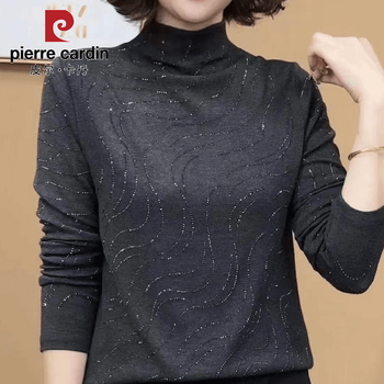 Pierre cardin's new autumn and winter women's half-turtle collar hot rhinestones petite bottoming shirt to cover the belly, versatile and slim, stylish and warm shirt, gray 4xl, recommended 160-180 pounds