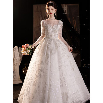 Shandongshaonv wedding dress bridal main yarn 2025 new style main yarn texture long-sleeved bride petite going out yarn white floor-length style (single wedding dress without accessories) m weight about 100 pounds