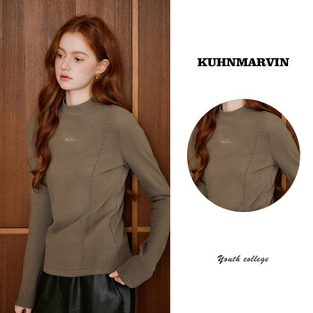 Kuhnmarvin double-sided velvet half turtleneck slim fit t-shirt for women 2025 winter new basic base layer shirt k20262 milk coffee color m