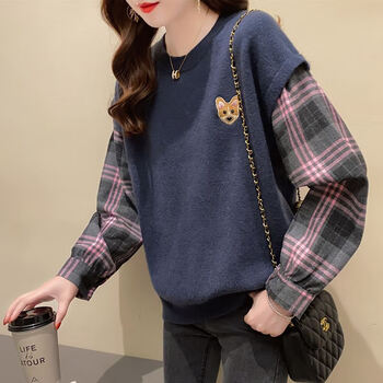 Yishion autumn and winter women's 2025 new knitted fake two-piece women's sweater loose large size western style bottoming top navy blue m