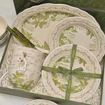 Baishuo bowl set, complete set of simple high-end ceramic underglaze color tableware set, housewarming gift, 2-person meal with soup bowl (without gift box), 9-piece set, shipped from jingdezhen, same style as fat donglai