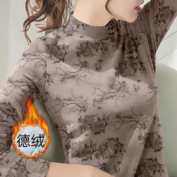 Yu yixiang de velvet bottoming shirt for women, warm shoulder, 2025 autumn and winter new long-sleeved t-shirt, thin velvet ins style bottoming shirt top, khaki d1 letter, warm style, high quality l, recommended 100-120 catties