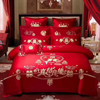 Yusenyi wedding four-piece set embroidered pure cotton new wedding satin big red dragon and phoenix wedding quilt long-staple cotton wedding pure cotton 1.5m5 feet bed + seven-piece set with free pillow core-quilt core