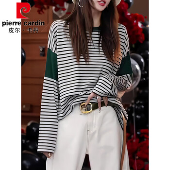Pierre cardin contrast color round neck long sleeve t-shirt women's 2025 early autumn new style age-reducing striped inner bottoming top green 2xl recommended 130 jin-140 jin