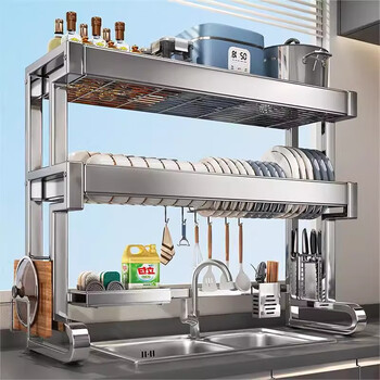 Wen yeyushi 304 stainless steel kitchen sink rack dish storage pool multi-functional dish drain rack a gun gray - single layer 66 main rack + complete set