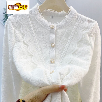 First-diameter stand-up collar fungus lace plus velvet lace bottoming shirt for women, loose shirt that looks slim and covers the flesh, small fragrance, thickened and warm in winter, white 2xl 180 yards (115-130 pounds)