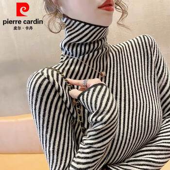 Pierre cardin green retro german velvet turtleneck bottoming shirt for women 2025 autumn and winter new style warm warm inner top for women 7777 black stripes brushed thin section xl recommended 105-115 pounds
