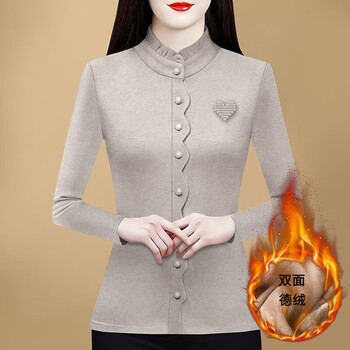 Orchid middle-aged and elderly lace lace plus velvet thickened bottoming shirt for women in autumn and winter with western style printed beads half-high collar inner shirt apricot m suitable for 85-100 pounds