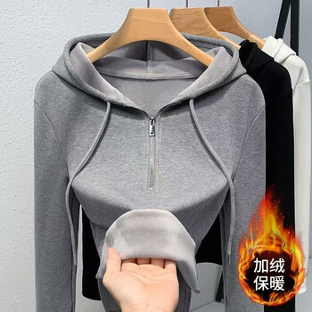 Nesihai velvet thickened hooded bottoming shirt for women autumn and winter new half-zip slim silver fox velvet long-sleeved t-shirt for women gray velvet 3xl recommended 135-150 pounds