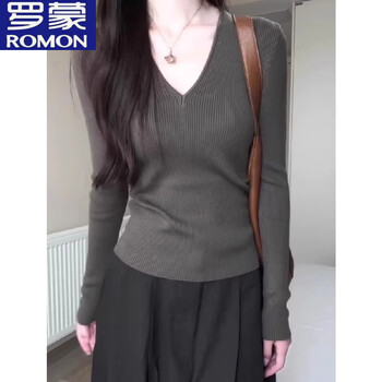 Romon dark gray right shoulder v-neck long-sleeved sweater for women 2025 early autumn new style waist slimming inner layering shirt top gray high quality version s