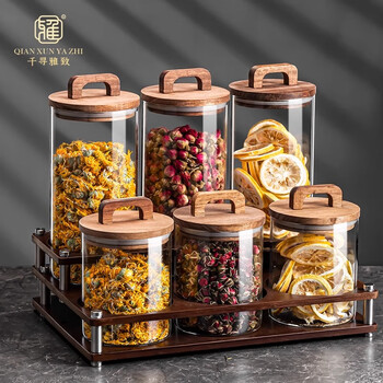 Qianxun elegant glass sealed jar food grade household food grade scented tea storage jar display jar acacia wood cover storage main image 7-piece set small sealed jar + large sealed jar + storage rack