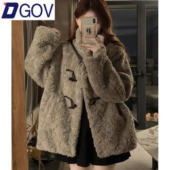 Dgov korean stand-up collar thickened polar fleece small fragrant style lamb plush coat for women autumn fur all-in-one warm top gray m 90-110 catties