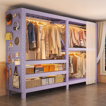Jiataiwang children's wardrobe simple coat rack butterfly hole steel wardrobe thickened multi-layer shelves open combination storage rack smoke purple three-layer main shelf - height 200 length 150*w 50cm accessories single shot/can be used as a gaming table