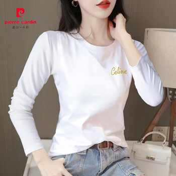 Pierre cardin spring and autumn cotton long-sleeved t-shirt for women 2025 new style right shoulder style inner bottoming shirt slimming white top white m