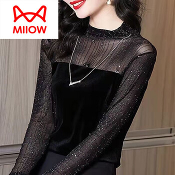 Miiow patchwork lace top for women 2025 autumn and winter new style bright silk temperament slim slim small stand-up collar bottoming shirt black l (suitable for 80-110 pounds)
