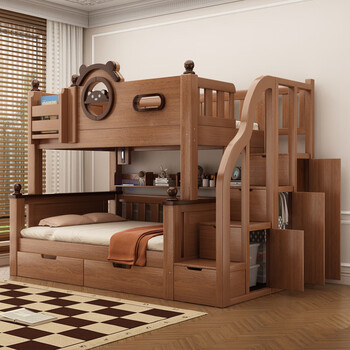 New solid wood thickened bunk bed, small apartment, children's bunk bed, household multi-functional high and low bed dormitory bunk bed, cabinet ladder-wardrobe-double drawer-5cm brown mat-upper bed width 130 lower bed width 150 (comes with bookshelf)