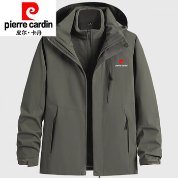 Pierre cardin three-in-one men's jacket large size autumn and winter outdoor velvet thickened windproof and waterproof jacket knitted military green xl